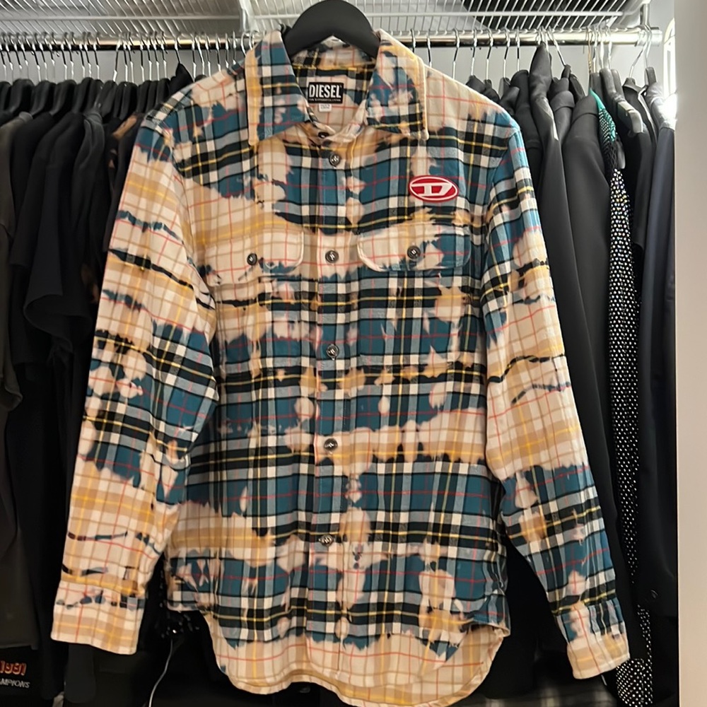 Diesel Plaid Bleached Flannel Button Down w/ embroidered logo patch Small